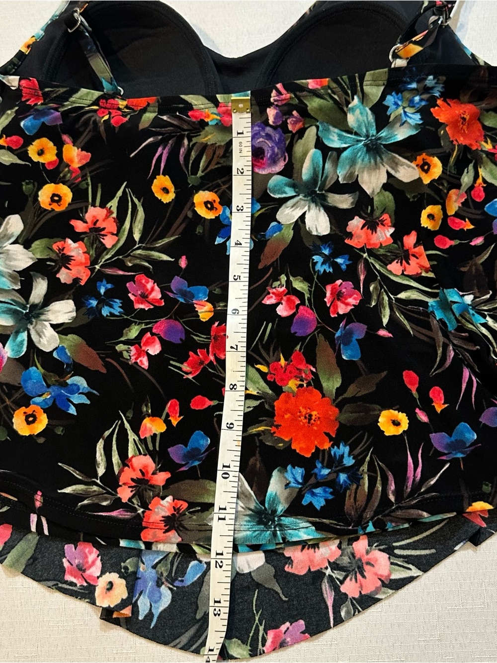 Aqua Green Floral Tankini Swim Top Medium Black Tropical Ruffle Built-In Cups - Picture 13 of 16
